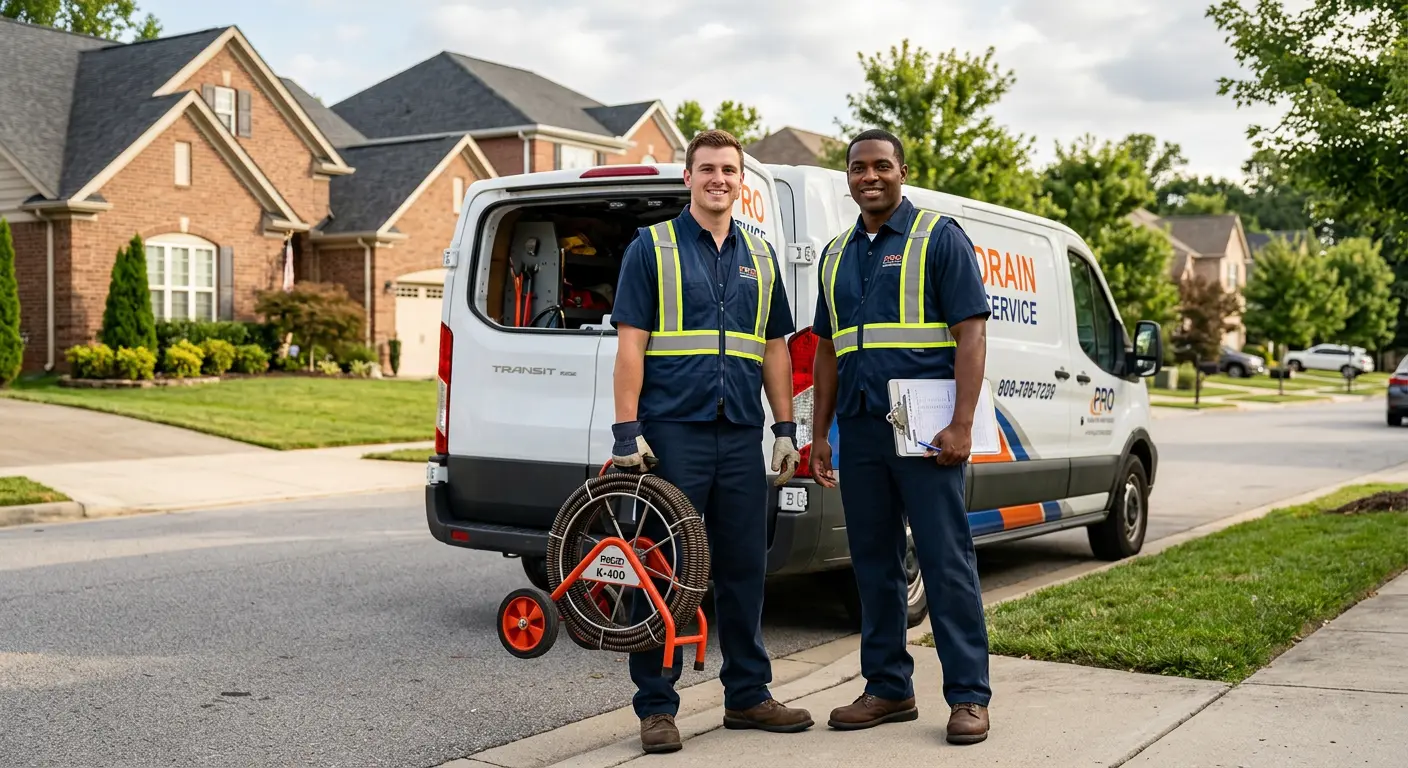 Sewer and drain service team with equipment ready for work in Liberty