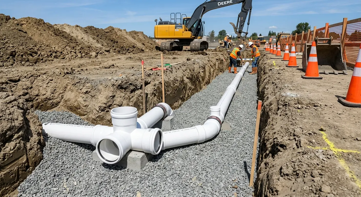 New PVC sewer pipe installation in open trench for Sewer Backup in Liberty