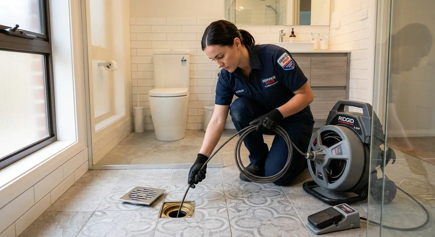 Technician clearing a bathroom floor drain for Drain Repair in Liberty
